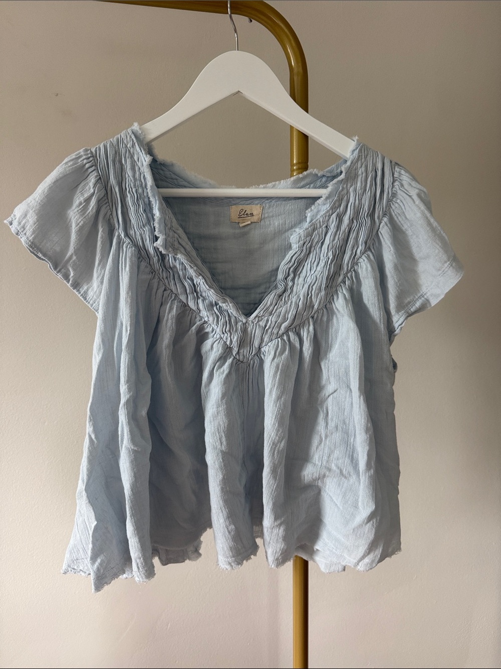 Elan Soft Light Blue V-Neck Smocked Flutter Sleeve Top
